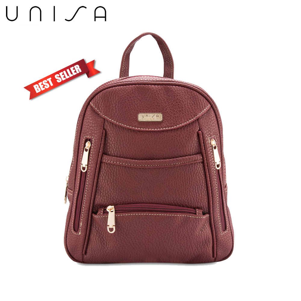 UNISA Ladies' Contrast Stitching Backpack - Black/Brown/Maroon