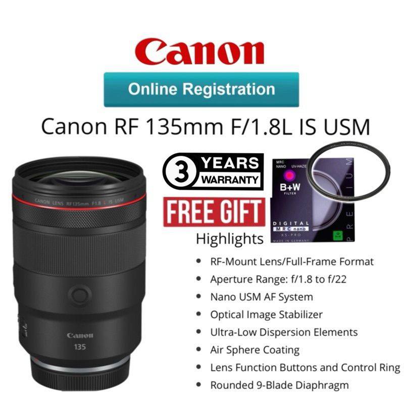CANON MALAYSIA SET CANON RF 135MM F/1.8 IS USM LENS ORIGINAL RF MOUNT LENS FULL FRAME FORMAT RF 135MM F/1.8 135MM 1.8