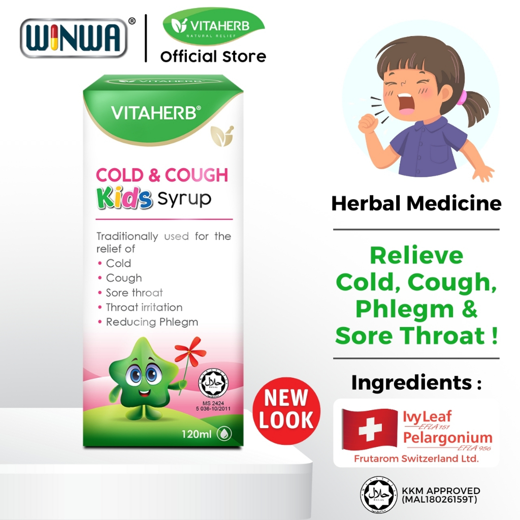 VITAHERB Cold And Cough Kids Syrup (120ml) - Ivy Leaf For Sore Throat & Flu