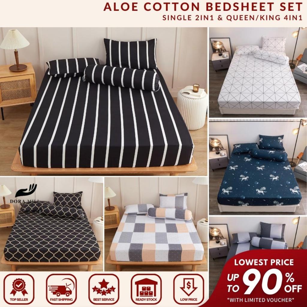 DM Cadar Queen King 4in1 Single 2in1 Aloe Cotton Fitted Bedsheet Set Sarung Tilam Reka Ins Murah B#4