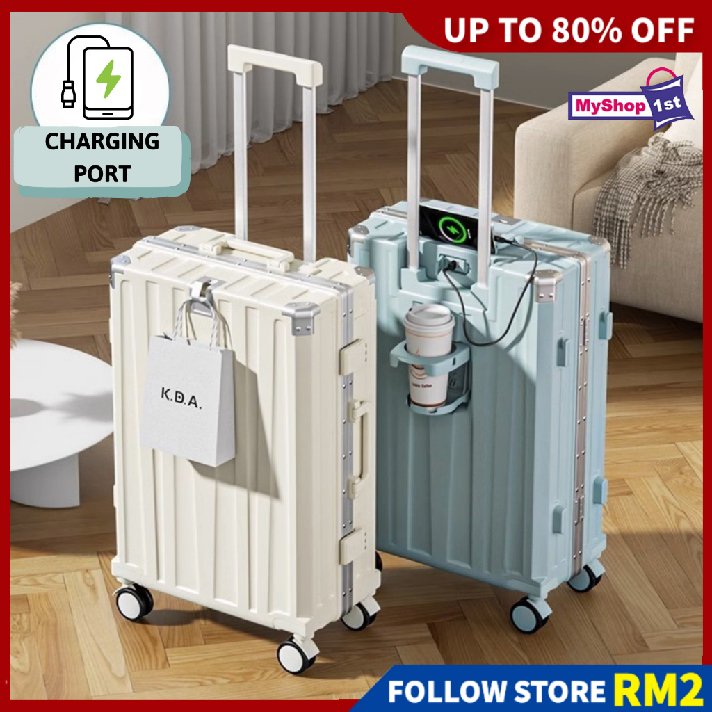 [PREMIUM] Bagasi Luggage with Cup Holder USB Charging Port Suitcase Hand Carry Luggage 20/24/28 INCH