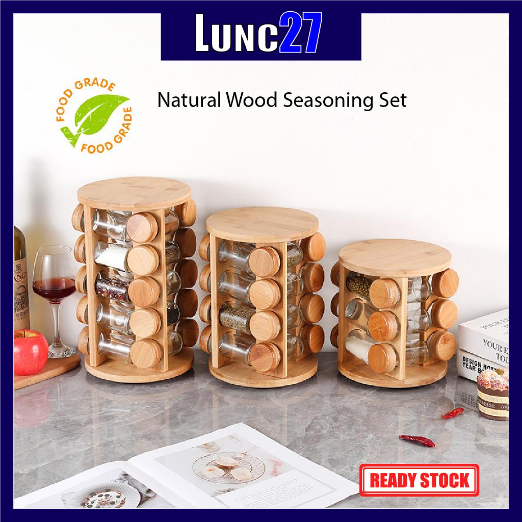 Wooden 12/16/20 pcs Spice jar set Seasoning Bottles Set 360 Rotation Spice Jar Rack