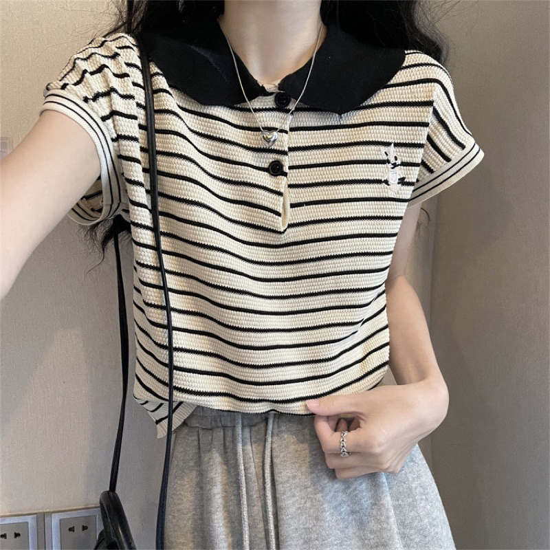 (READY STOCK IN MALAYSIA) Hailey Striped Knitted Short Sleeve Top 百搭条纹针织纽扣短袖上衣T恤