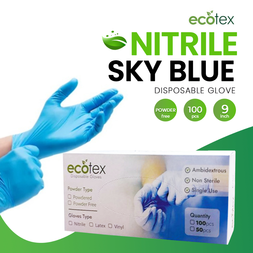 ECOTEX Blue Nitrile Disposable Glove Powder Free Light Blue 3.5g (XS/S/M/L/XL) 50/100PCS per BOX | Sarung Tangan