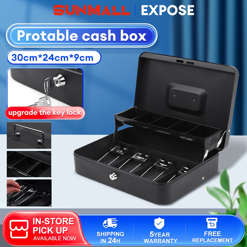 Cash Box Handheld Compartment Tray Cash Lockable Security Cashier Drawer Storage Safety Deposit Box Steel Money Box