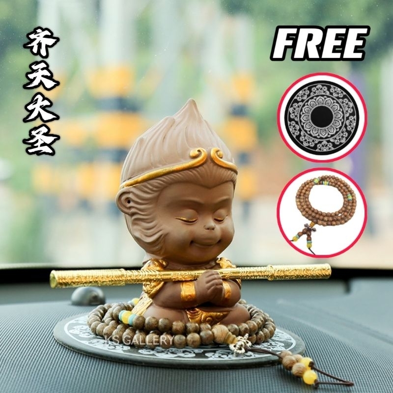 Monkey King WuKong Car Decoration Ceramics Statue 齐天大圣 孙悟空 美猴王 汽车摆设 车内装饰 陶瓷汽车摆件 保平安美观 送佛珠防滑垫