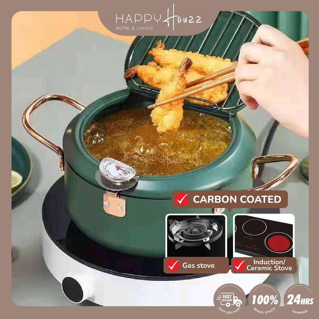 【READY STOCK】HAHO Tempura Fryer Japanese Deep Frying Pot with Thermometer Premium Carbon Steel Induction Gas Stove