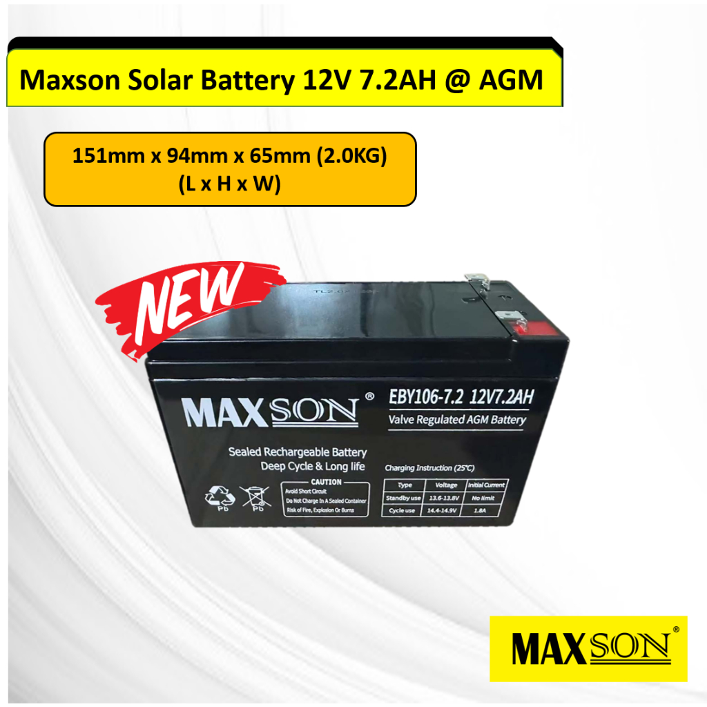 MAXSON Solar Battery 12V 7.2AH @ AGM New!! (HANYA UNTUK SEMENANJUNG MALAYSIA)