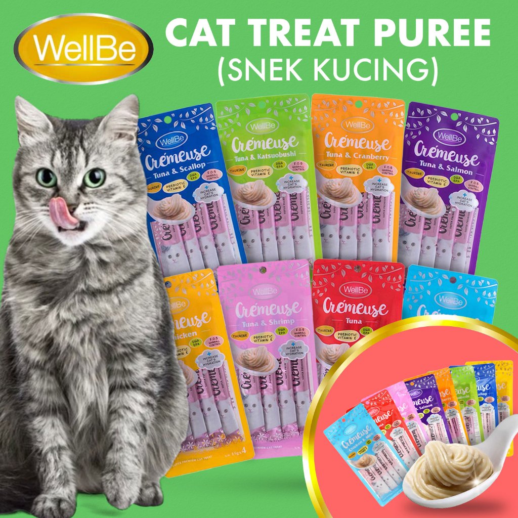 WellBe Cremeuse Cat Treats Creamy 8 Flavors Cat Stick (15g x 4's/pack) | Makanan Kucing Basah / Cat Snack / 猫条 / 肉泥 / 威比