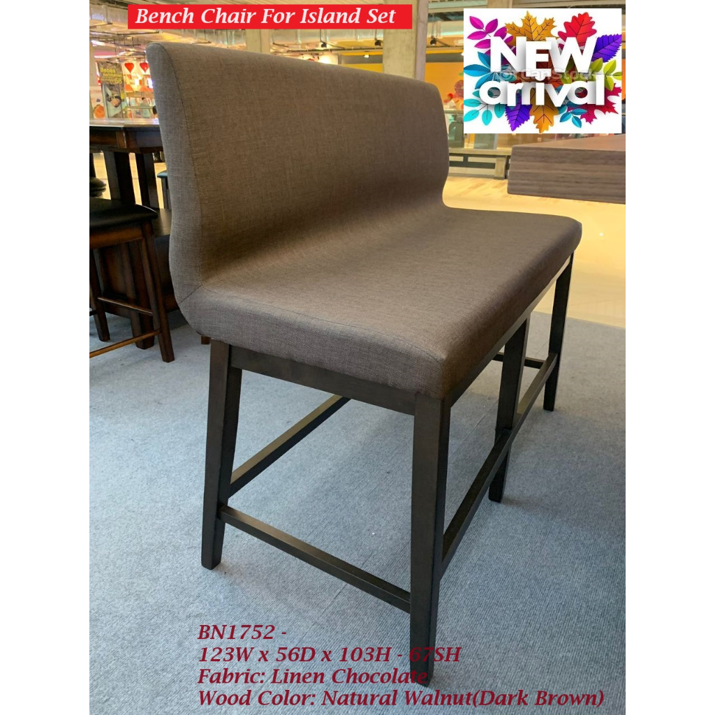 LX - BN 1752, Island / Counter Height BENCH CHAIR, Solid Wood Frame in Walnut Color, Linen Fabric in Chocolate Color