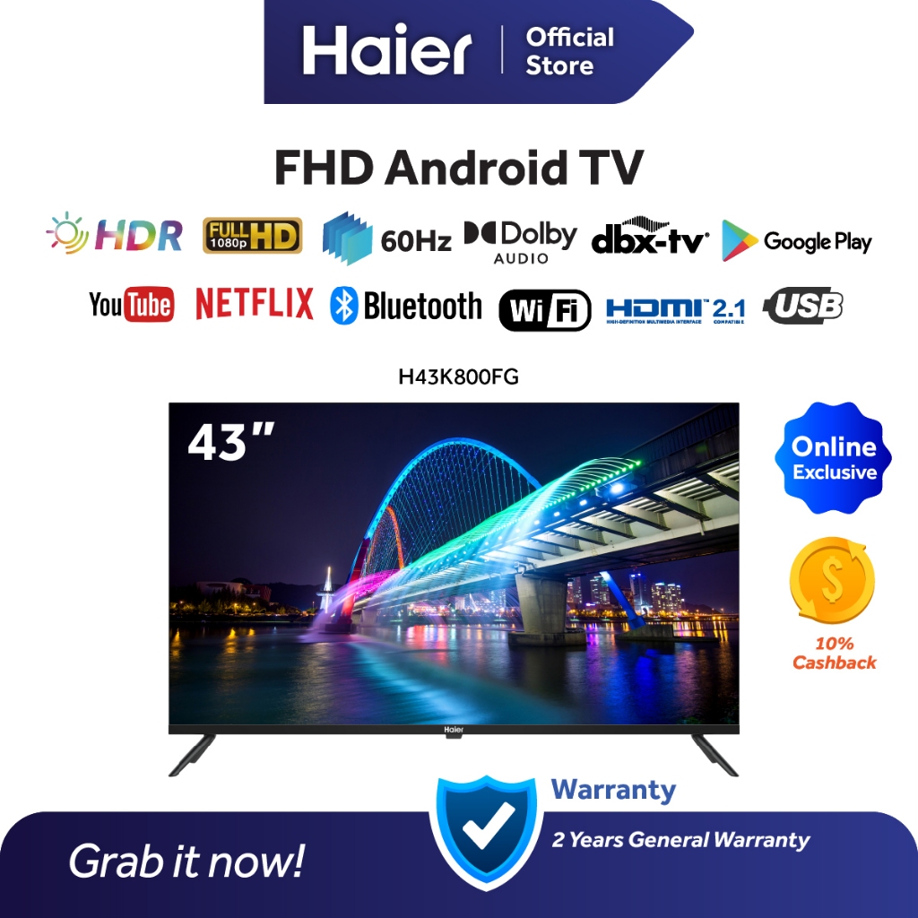 [KV PM for Selfpick up] Haier 43" FHD HDR Dolby Audio Google Android TV / Television / 电视 H43K800FG