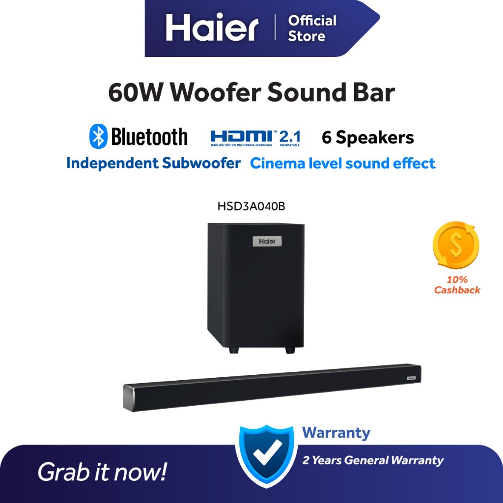 Haier 6 Speakers 2.0 Bluetooth Sound Bar / Soundbar With Subwoofer HSD3A040B