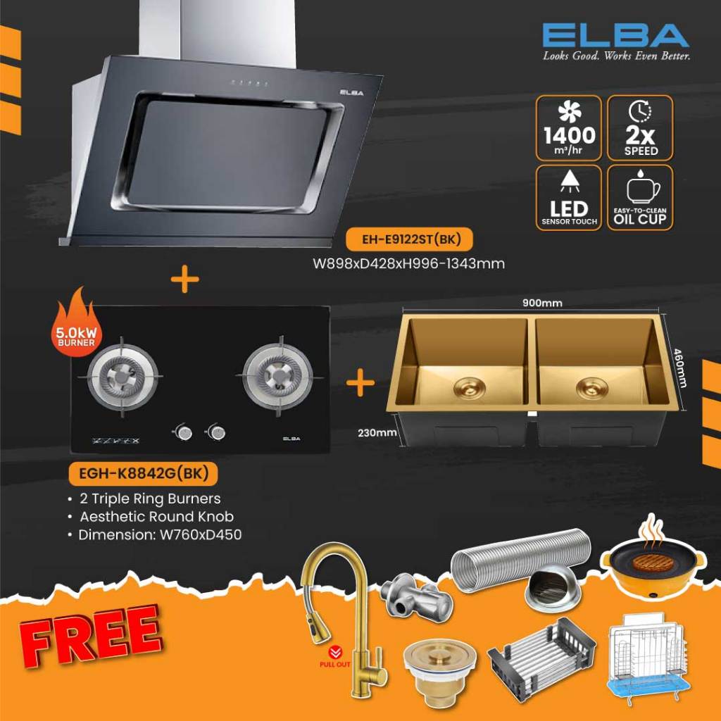 ELBA KITCHEN DESIGNER HOOD EH-E9122ST(BK) BUILT IN GAS STOVE GAS HOB EGH-K8842G(BK) KITCHEN SINK COMBO