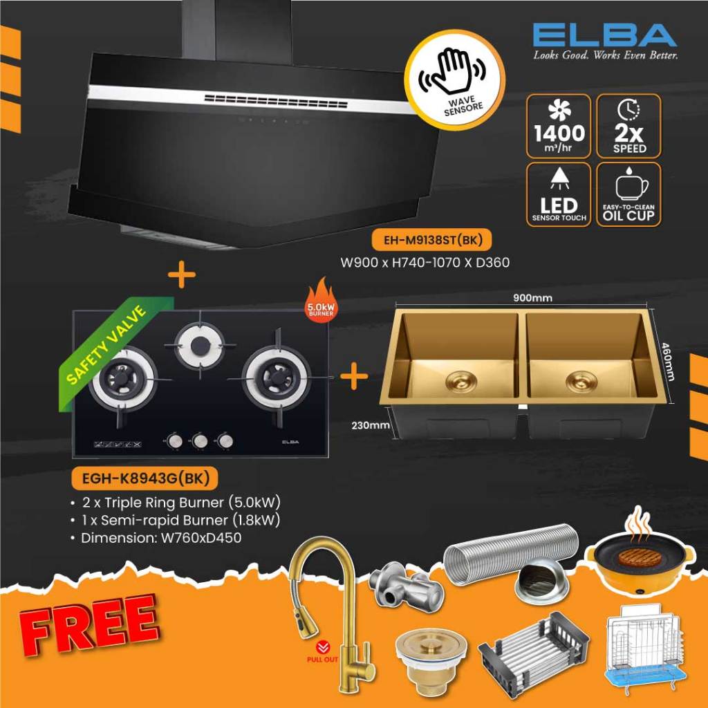 ELBA KITCHEN DESIGNER HOOD EH-M9138ST(BK) BUILT IN GAS STOVE GAS HOB EGH-K8943G(BK) KITCHEN SINK COMBO