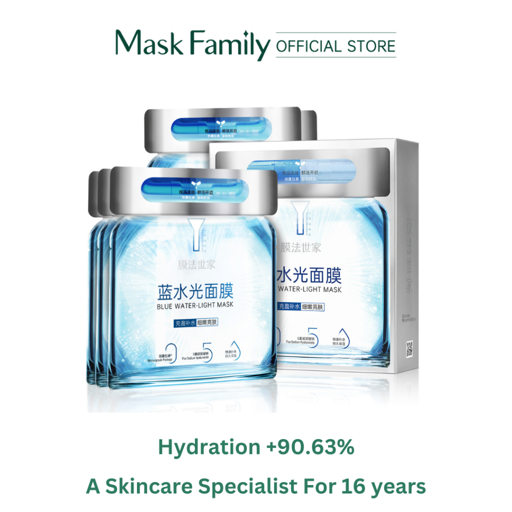 Mask Family Blue Water-Light Moisturizing, Hydrating Facial Mask Sheet Box Set (3ml 25ml x 5 Pcs)