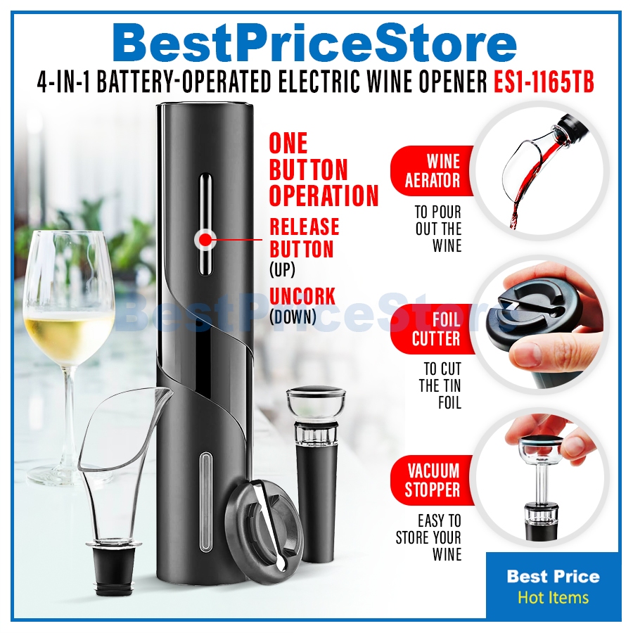 BPA 4in1 Electric Wine Opener Bottle Cap Tool Automatic Corkscrew Stopper Foil Cutter Dapur Kitchen Alat Buka Botol ES1