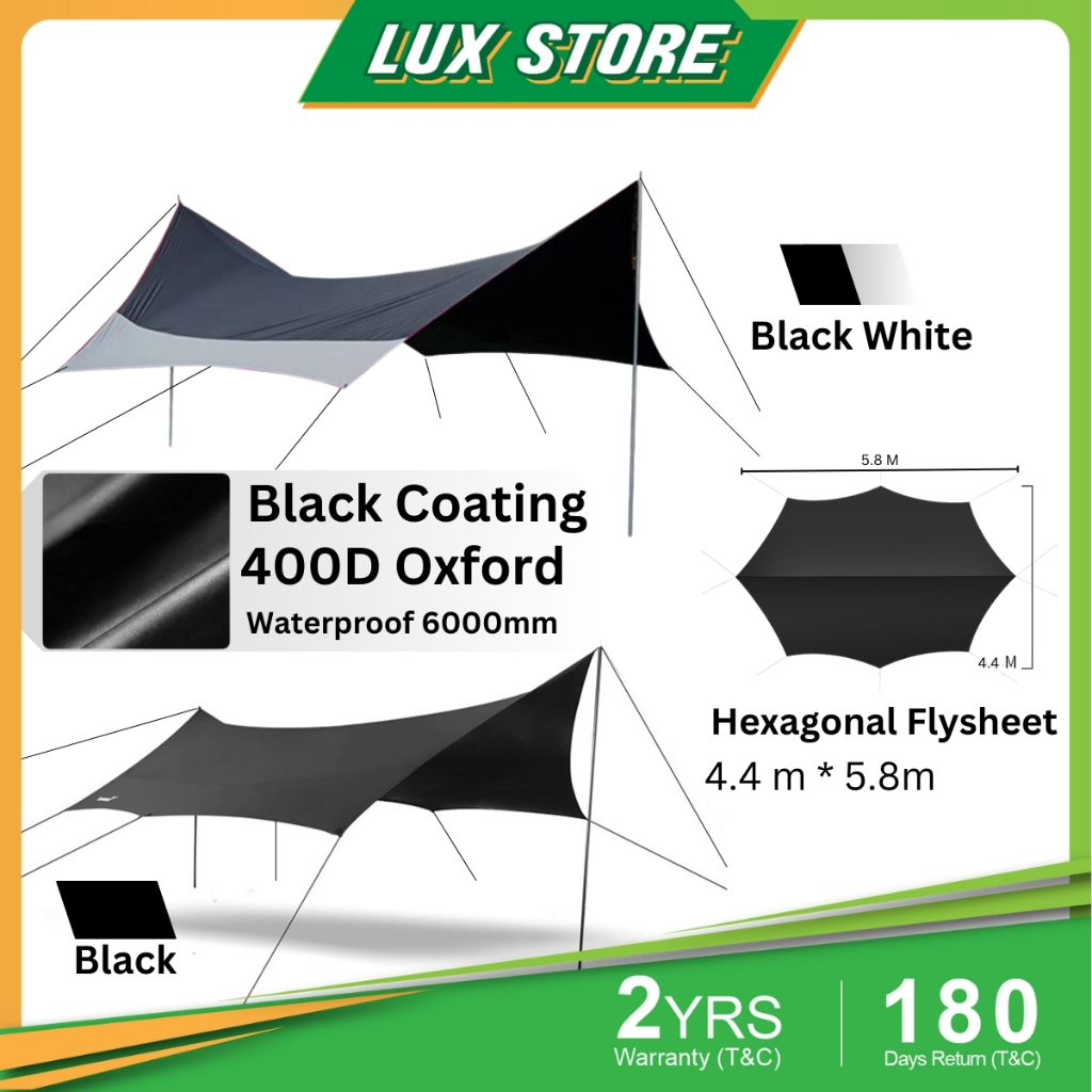 [ 5.8m*4.4m ] Hexagonal Flysheet Camping Waterproof Black Coating Fly sheet Camping Shelter Tent khemah Camping Tarp