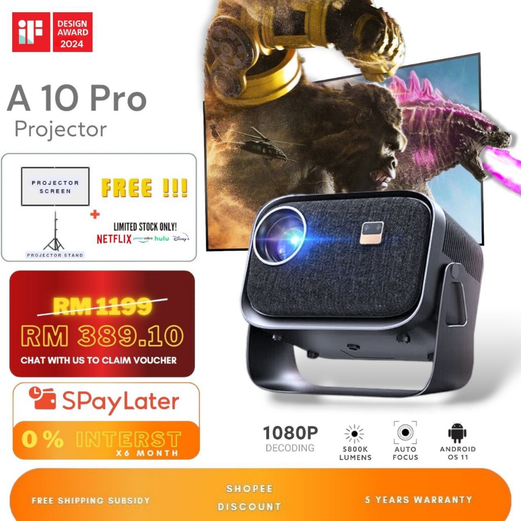 A10 Pro[360°Adjustable] Stand Portable LED Projector, Electric Focus Projector 1080P FHD, Outdoor Projector With Android