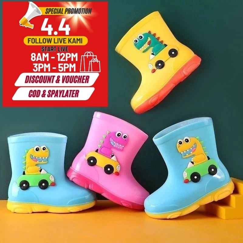 Baby Kids Boots Waterproof Rain Shoes Boots 1-8yrs Dinosaur Cartoon Kasut Hujan High Shoes宝宝儿童雨靴防滑Anti Slip