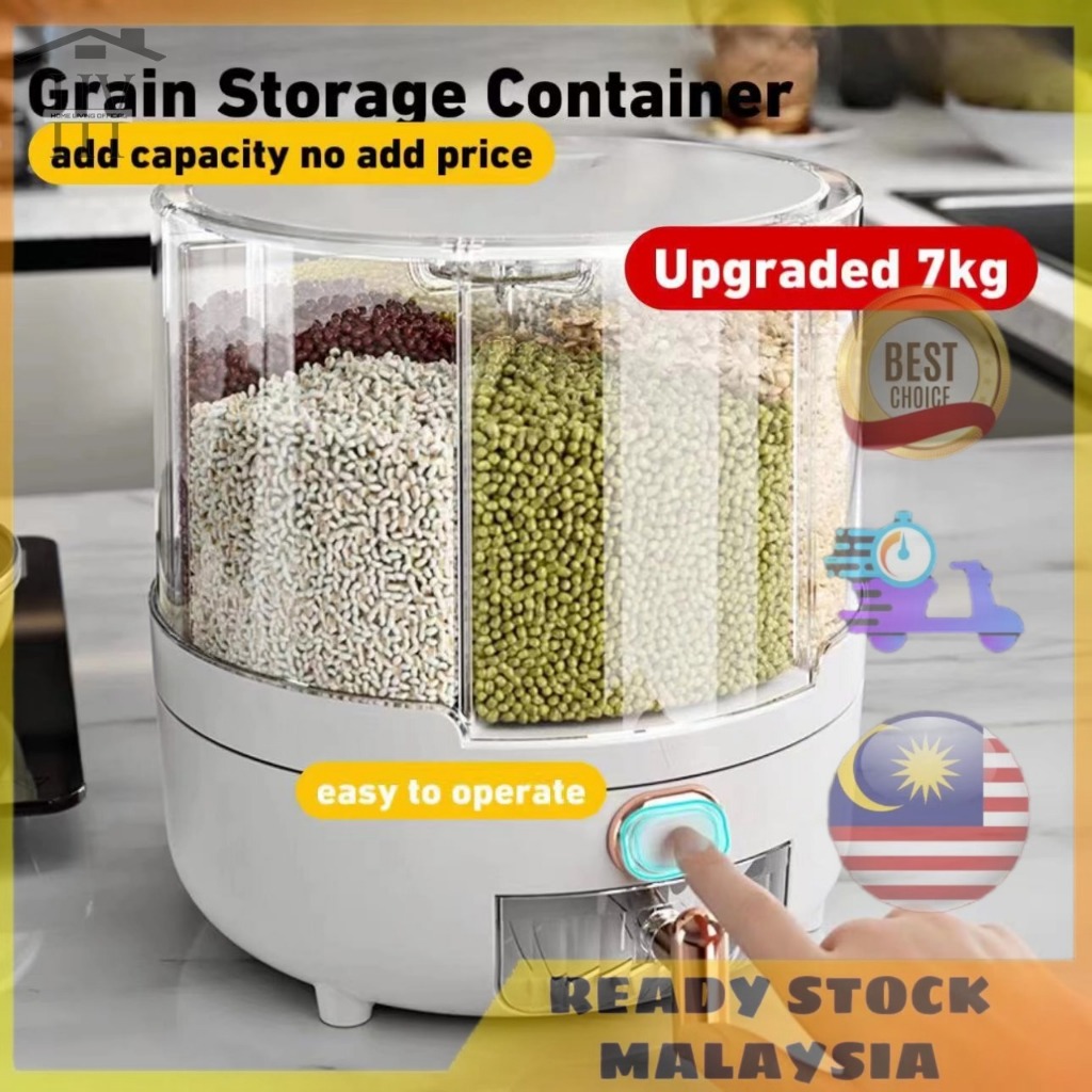 NEW UPGRADED 🔥6 Grid Rotating Rice Dispenser Rice Storage Bucket Rice And Grain Storage Container LARGE CAPACITY 杂粮旋转盒