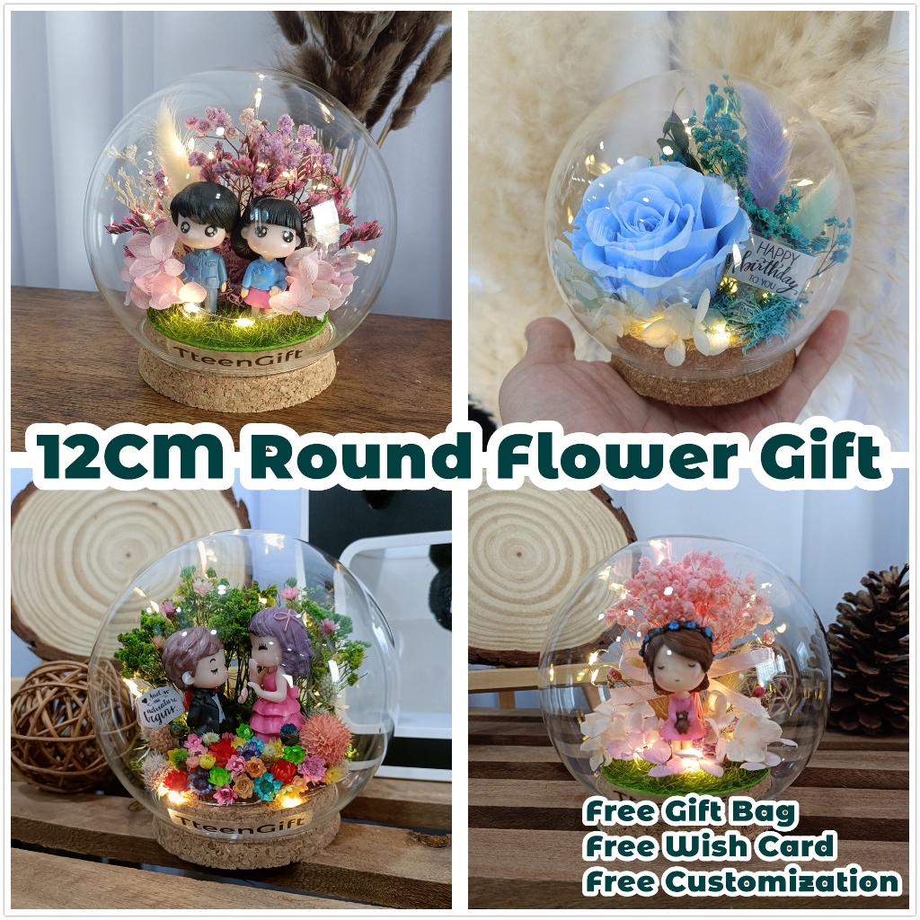 TTEEN GIFT Preserved Flower 12CM Round Dome Glass Anniversary Birthday Valentine Gift 永生花12CM圆玻璃罩