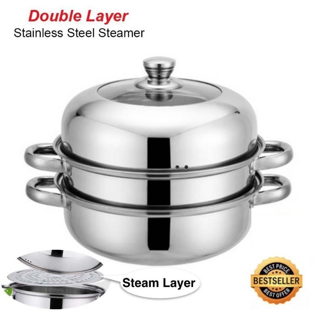 28cm 2 Layers Hot Pot Steamer Soup Stainless Steel Cookware Steam Pot Multi-layer thick steamed fish bun pot pengukus蒸锅