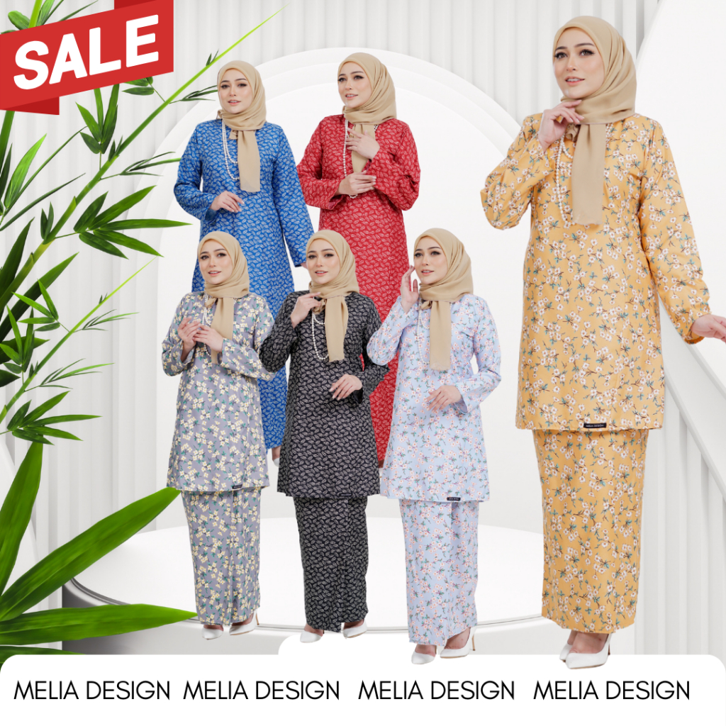 By Melia Design Baju Kurung Pahang Bunga Cotton Premium Ironless Tak Payah Gosok Merdeka Sedondon Merah Biru Hitam