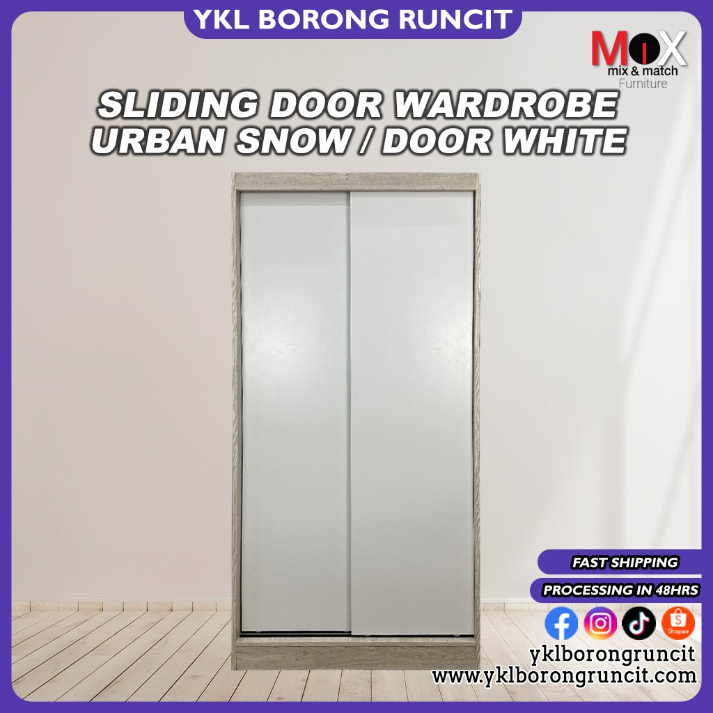 YKL Sabah 2 Doors Sliding Wardrobe | Body & Top Bottom Urban Snow / Door White | SWD80002730