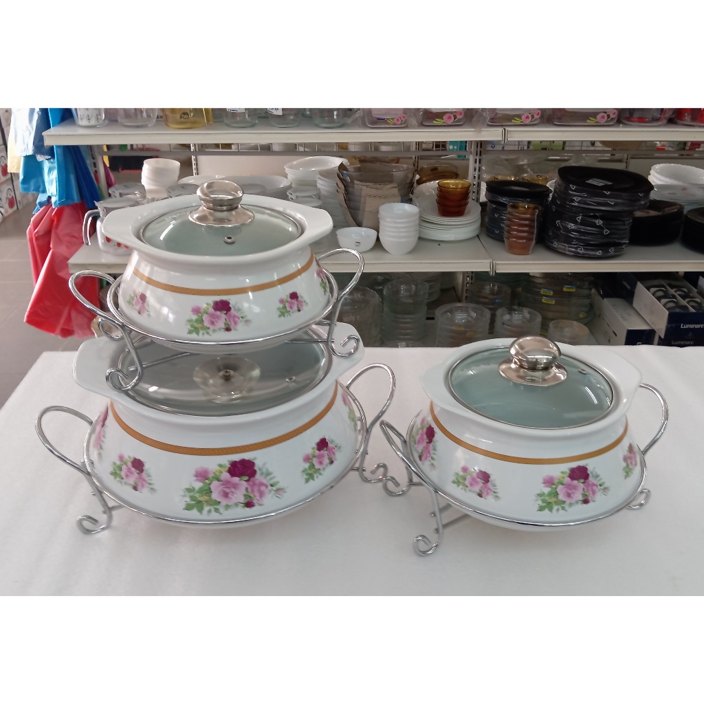 (Ready Stock!!) Round Triple Porcelain 3pcs Food Warmer with Metal Rack-Silver Bekas Lauk Porcelain Dengan Penutup Kaca