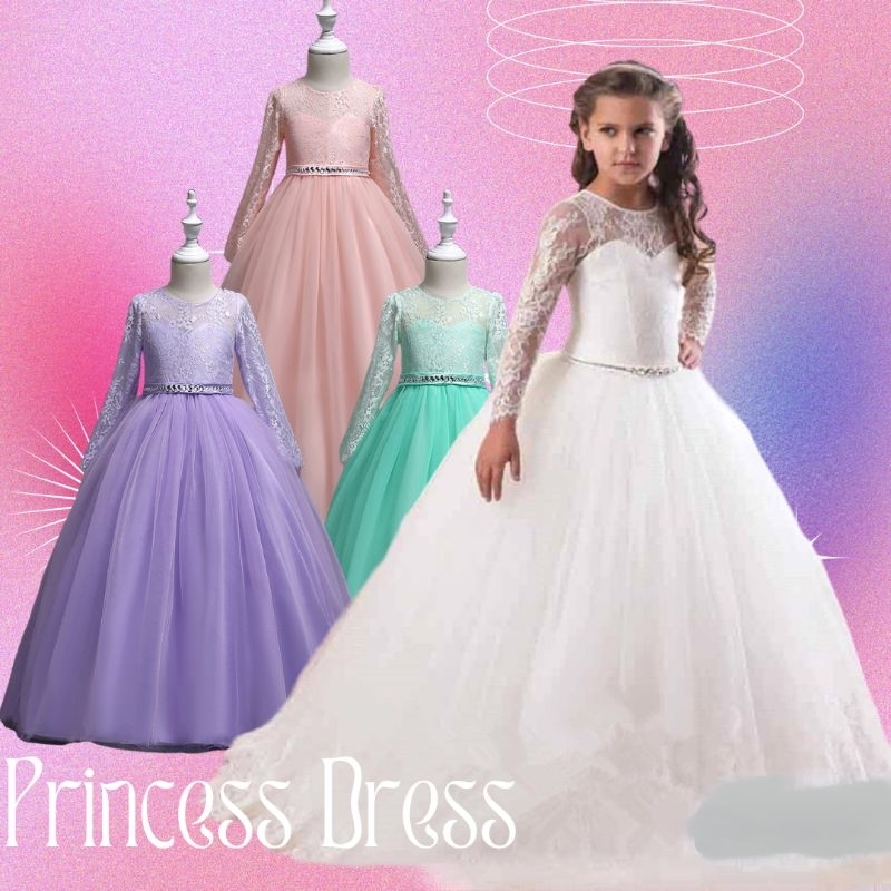 ?? KL READY STOCK 4-14 Yrs Kids Girl Lace Long Sleeve Wedding Elegant Princess Girls Maxi Dresses Costume Ball Gown