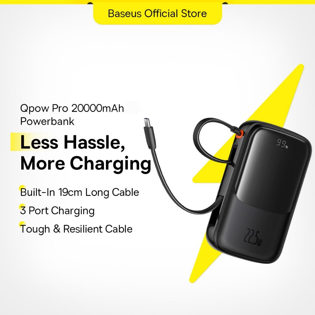 Baseus Power Bank PD Fast Charging Built In Cables External Battery Pack For Phone (20000mAh)