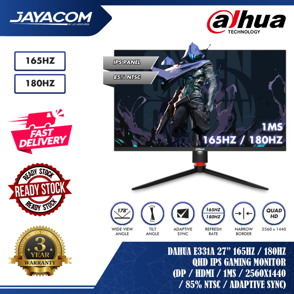 Dahua E331A 27” 165Hz / 180Hz QHD IPS Gaming Monitor (1ms / DP / HDMI / 2560x1440 / 85% NTSC / Adaptive Sync)