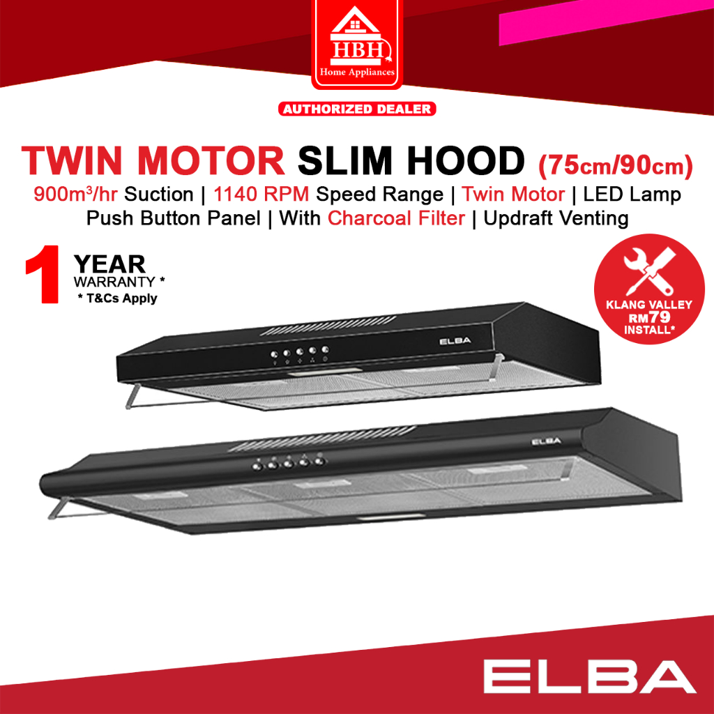 (RM79 Install) Elba 75cm / 90cm 900m3/hr Twin Motor Slim Cooker Kitchen Hood ESH-M7598(BK) / ESH-M9098(BK)