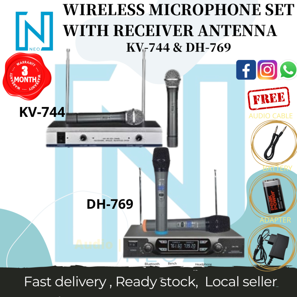 ☆WIRELESS 2MIC + RECEIVER☆ MAX WIRELESS MICROPHONE SET WITH RECEIVER KV-744 AND DH-769