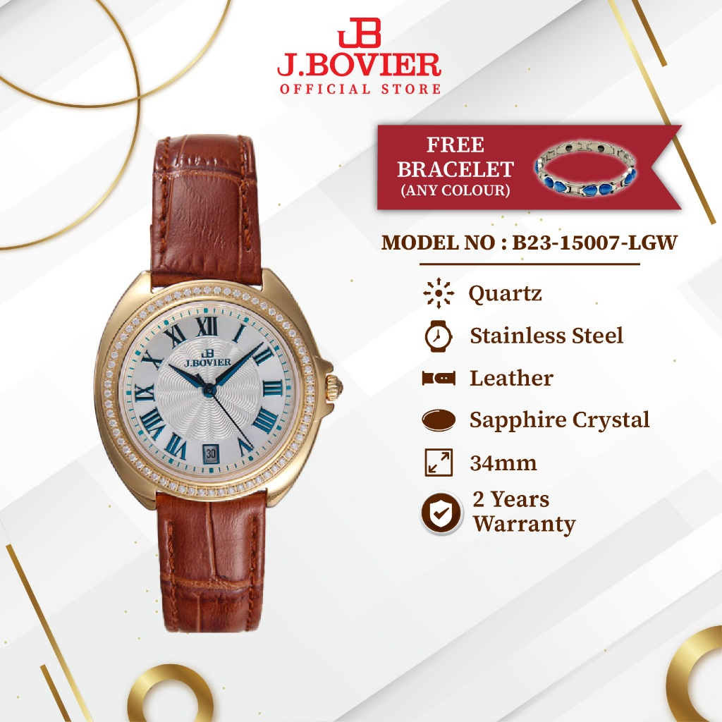 [2 Years Warranty] J.Bovier Diamond Quartz Women Watch Jam Tangan Wanita B23-15007-LGW