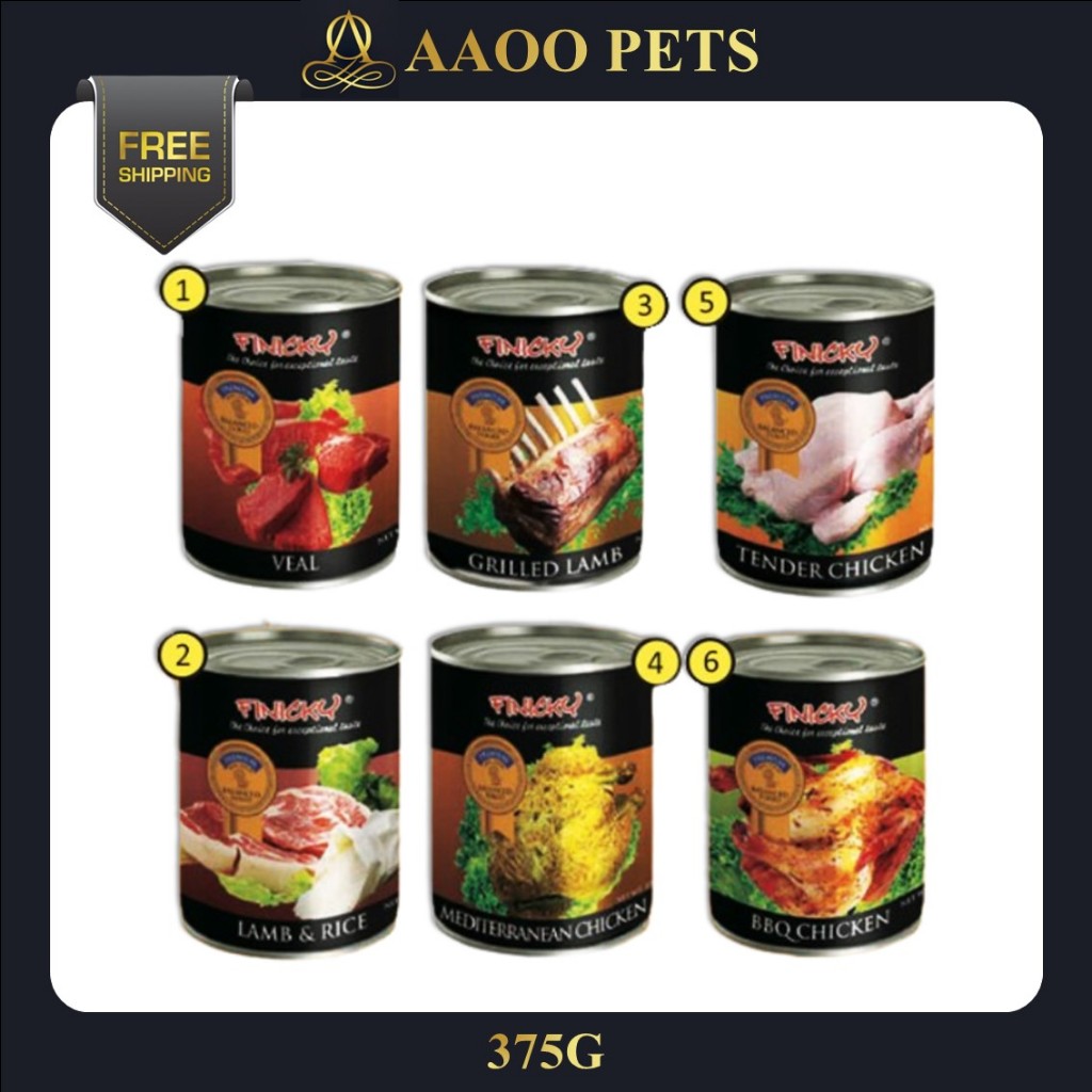 Finicky Premium Dog Can Food 375g (Lamb & Rice , Veal , Grilled Lamb, Mediterranean Chicken , BBQ Chicken)