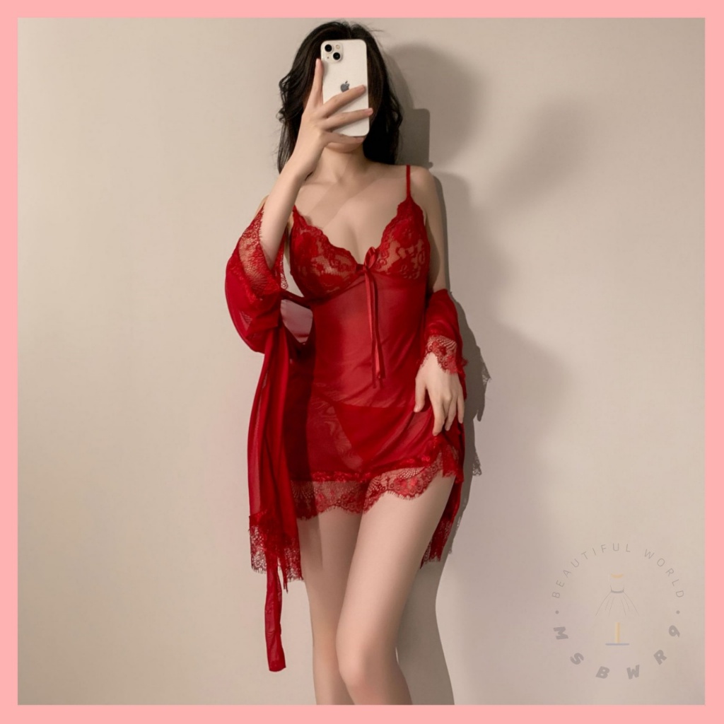 READY STOCKSexy Lace Babydoll Nightdress Two Pieces Robe Nightwear Baju Tidur WanitaPlus Size