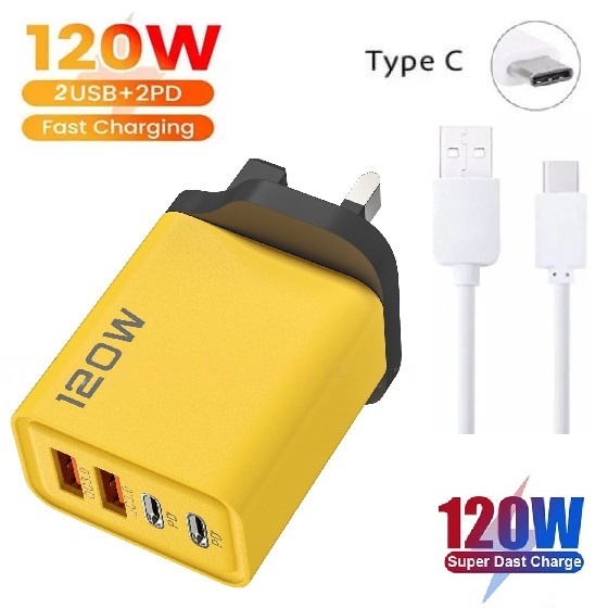 120w Fast Charger 2USB + 2PDFast Charging Adapter With Cable For Ip Samsung Huawei Oppo Vivo Xiaomi Realme OnePlus