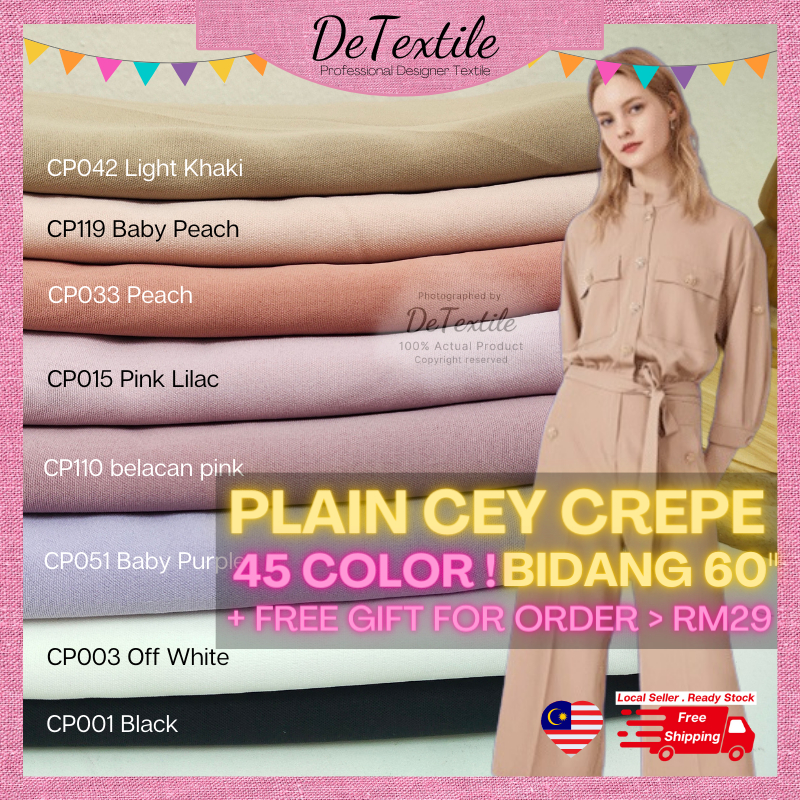 DeTextile Premium Plain Cey Crepe Bidang 58-60" Hi-Quality Ironless Kain Pasang Ela Sejuk Murah Stretchy!! (color set 1)