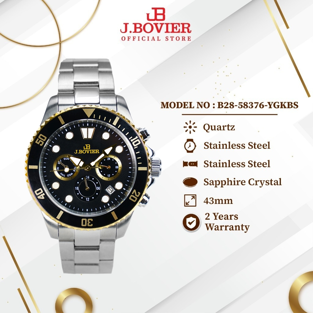 [2 Years Warranty] J.Bovier Chronograph Stainless Steel Quartz Men Watch Jam Tangan Lelaki  B28-58376-YGKBS