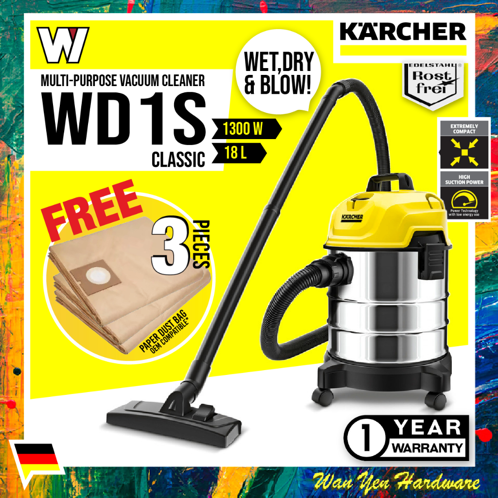 (NEW MODEL) Karcher WD1S Vacuum Cleaner Stainless Steel Vacuum Kereta Vacuum Rumah Vacum Cleaner + 3 paper bags