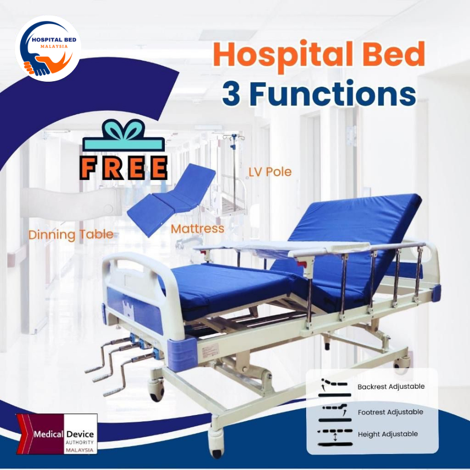 [Same-Day Delivery] 3 Functions Manual Hospital Nursing Bed [FREE Mattress + Table] - MDA Approved