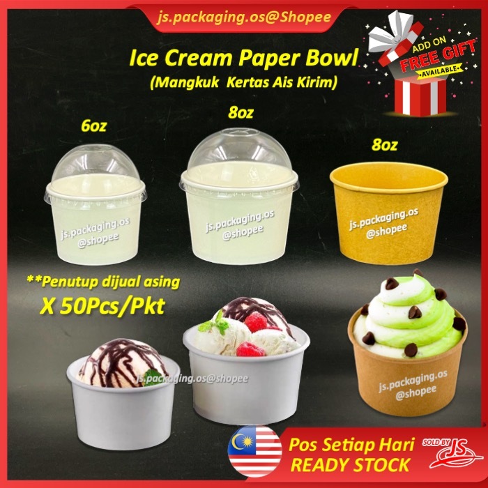 Ice Cream Paper Bowl Mangkuk Kertas Ais Krim 6oz (1 Scoop) / 8oz (2 Scoop) x 50Pcs Penutup Asing