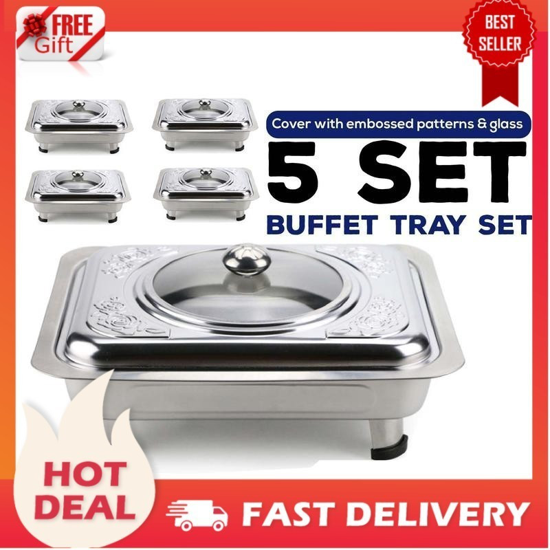 5 in 1 Buffet Tray 34x28 Buffet Tray 34x28 Stainless Steel Serving Tray Food Container Food Tray Set Catering Kenduri