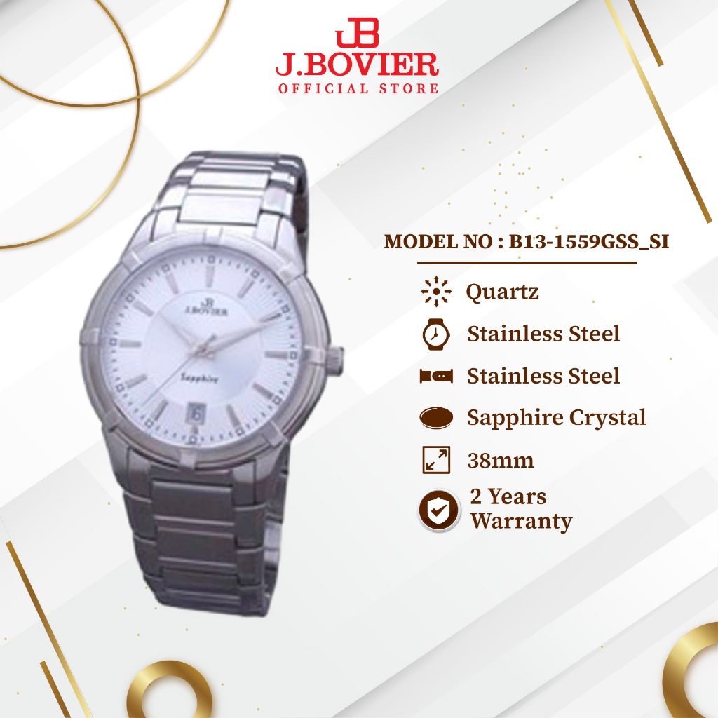 [2 Years Warranty] J.Bovier Stainless Steel Quartz Men Watch Jam Tangan Lelaki B13-1559GSS_SI