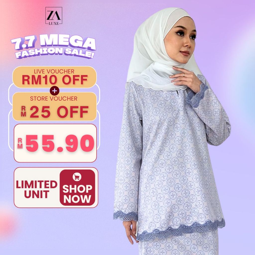 Zoe Arissa Baju Kurung Zureen Moden 2024 Viral Baju Kurung Muslimah Kedah Sulam Elegant Baju Raya Sulam lace printed