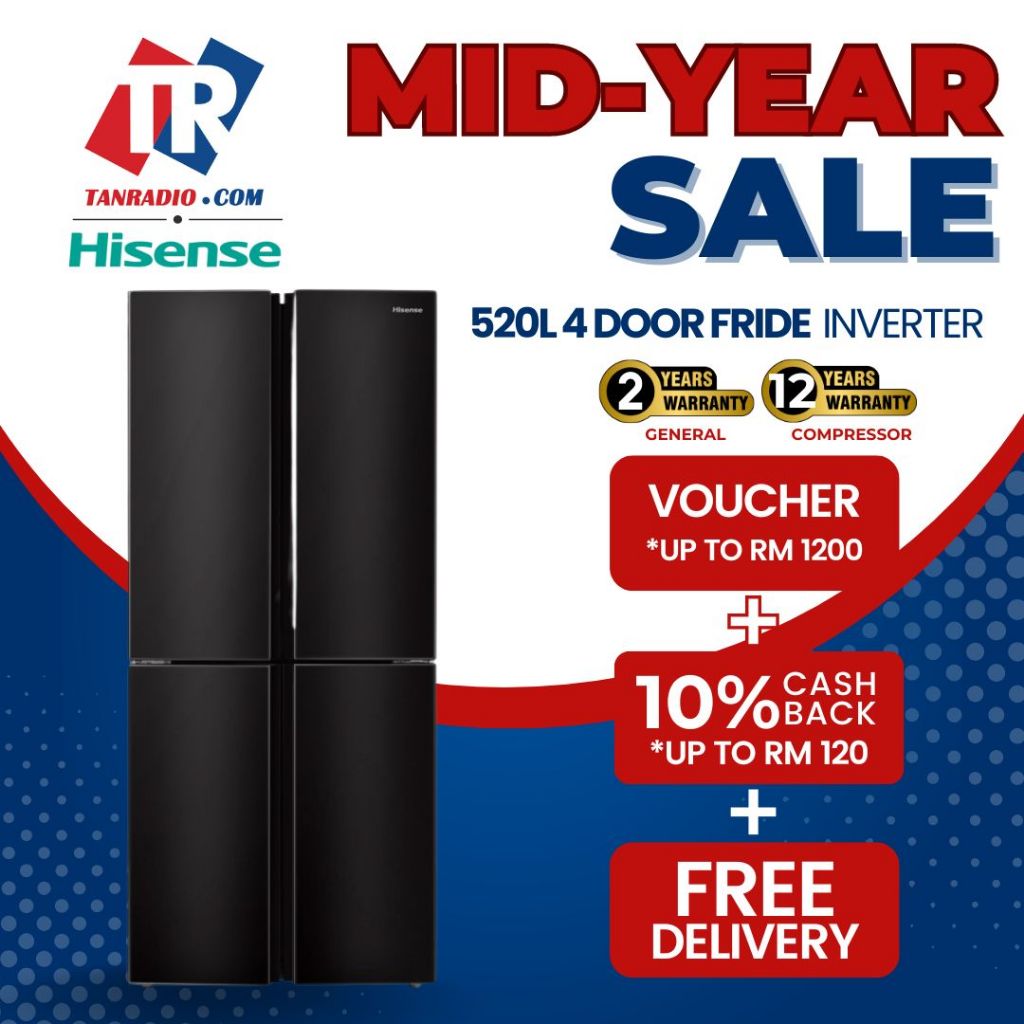 【Mid Year Sales + Free Shipping】Hisense 4 Door Side By Side Inverter Multi Door Fridge 冰箱雪柜 (520L) Q515N4AB1