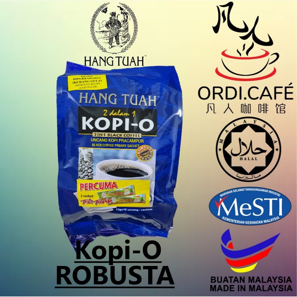 HANG TUAH Penang Kopi-O 2 in 1 Black Coffee Mixture With Sugar - BLUE (Robusta Beans) 16’s x 13g