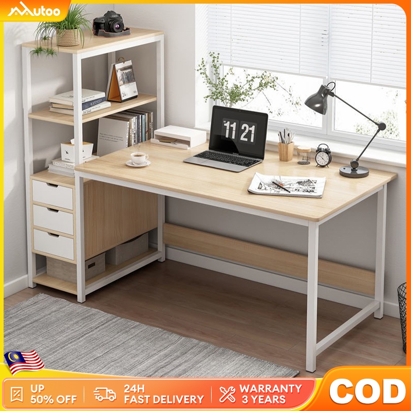 MT Computer Table Meja belajar Bookshelf Study Table With Side Bookshelves Multipurpose Table Office Desk With Drawer电脑桌