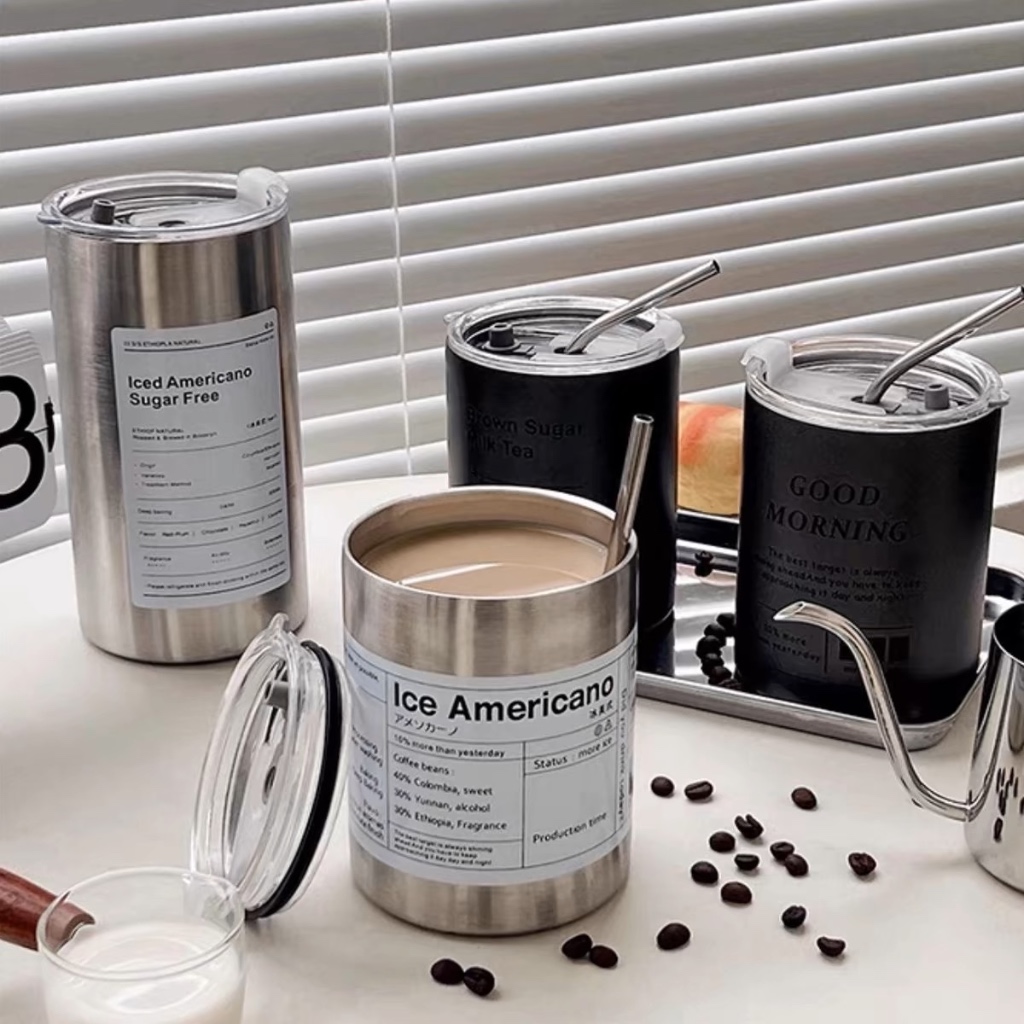 600ml 304 Stainless Steel Double Layer Cooler Coffee Cup Reusable Thermos Water Bottle Straw Drinks Mug Bottle 吸管不锈钢咖啡水杯